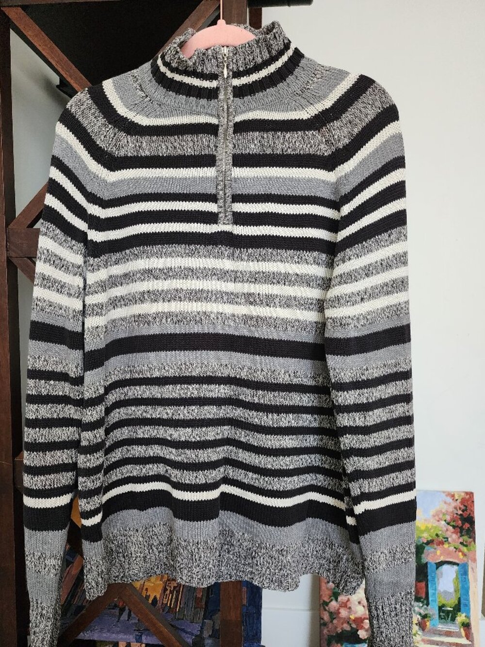 Jeanne Pierre Striped Cotton Sweater Mock Neck Zip Pullover Women L Black Gray C